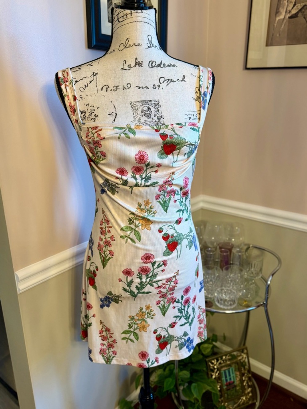 Cider Floral Strawberry Print Mini Dress Stretch Cottagecore Size M